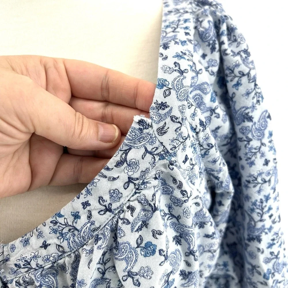 Cottagecore Blue Floral Peasant Top L Petite‎ Puff Sleeve Milkmaid Boho Romantic